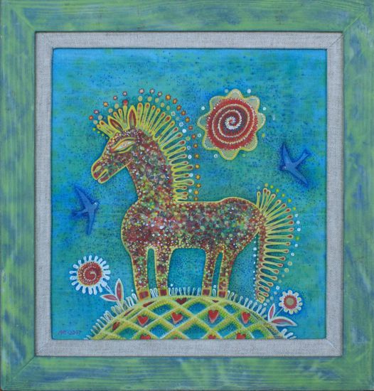 Korzh Lesya, Green Seahorse 2013, batikování, malba akrylem, mat, rám, 22 x 21